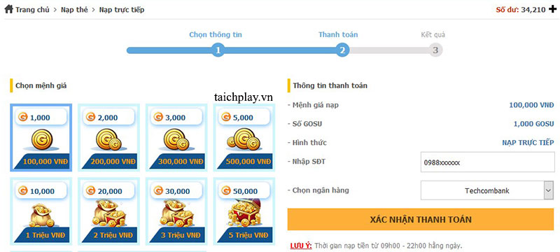 Hướng dẫn các bước nạp thẻ Nhất Kiếm Cửu Thiên 03